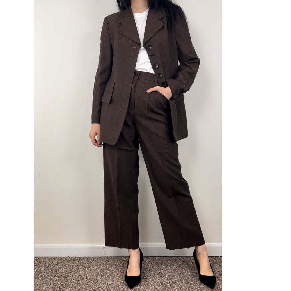 Vintage Escada Wool Linen Blend Lightweight Brown Pantsuit - Picture 2 of 8